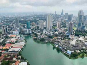 Urban view of Colombo city skyline during a Colombo city tour, showcasing modern architecture and vibrant city life in Sri Lanka
